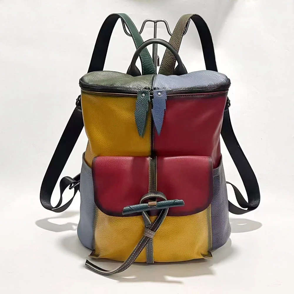 Vintage Genuine Leather Backpack Woman Patchwork Ladies Real Cow Leather Backpacks Anti-theft Travel Bag