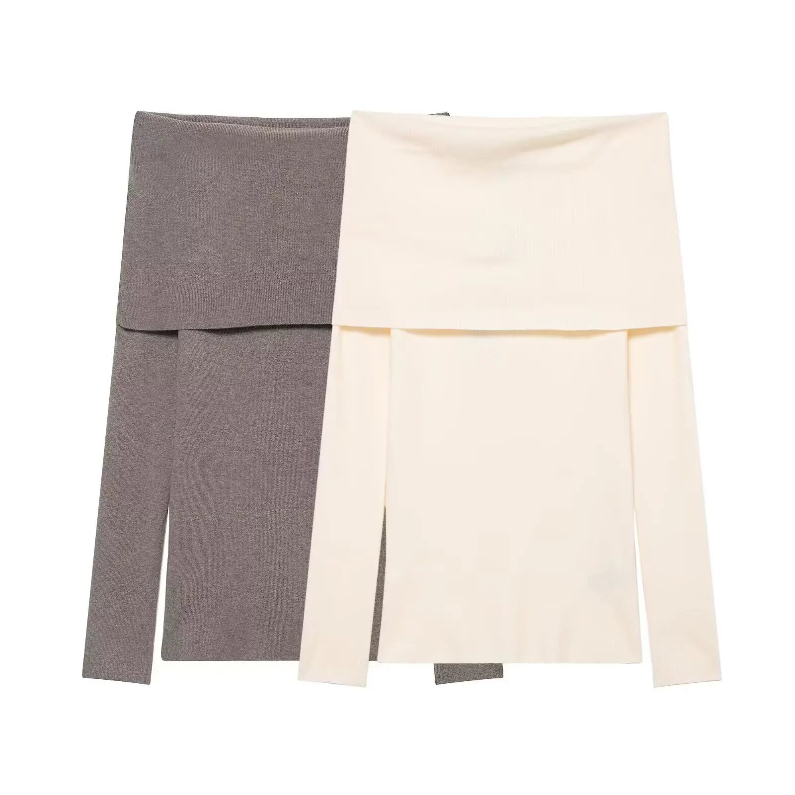 Shoulder Bared Knitted Sweater with Ruffle Decoration European Style Long Sleeve Polyester Fiber Warmth Providing Regular Fit...