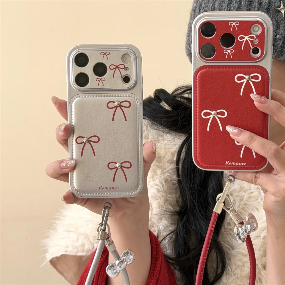 

Diamond Big Bow Electroplated Leather Phone Case for iPhone 17 Pro Max 13 14 15 16 Pro Cover with Hand Strap Cute Protection Cas