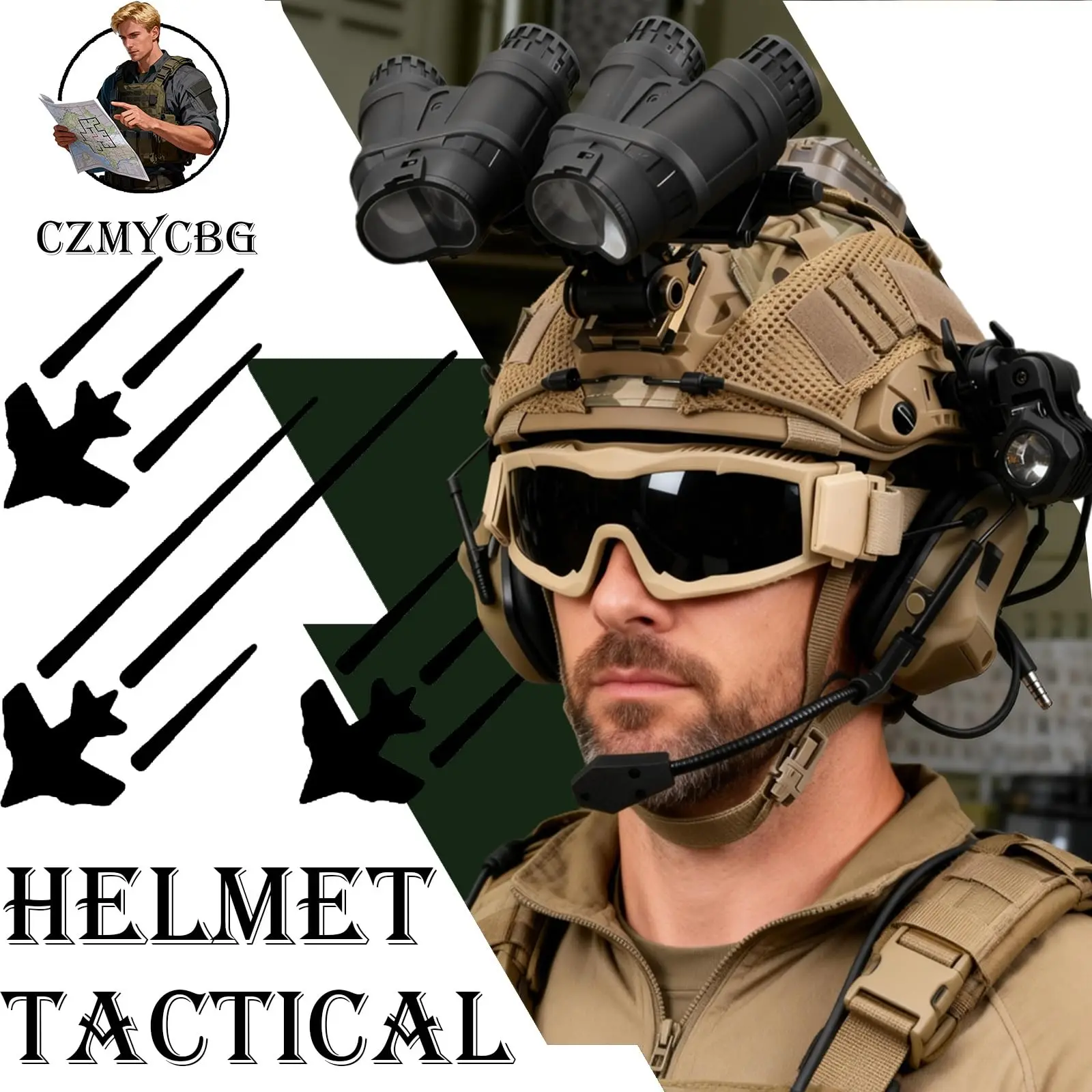 Tactical Helmet Set Airsoft Paintball Protective Helmet Kit with Signal Light NVG Dummy Model Flashlight Goggles for CS Shooting