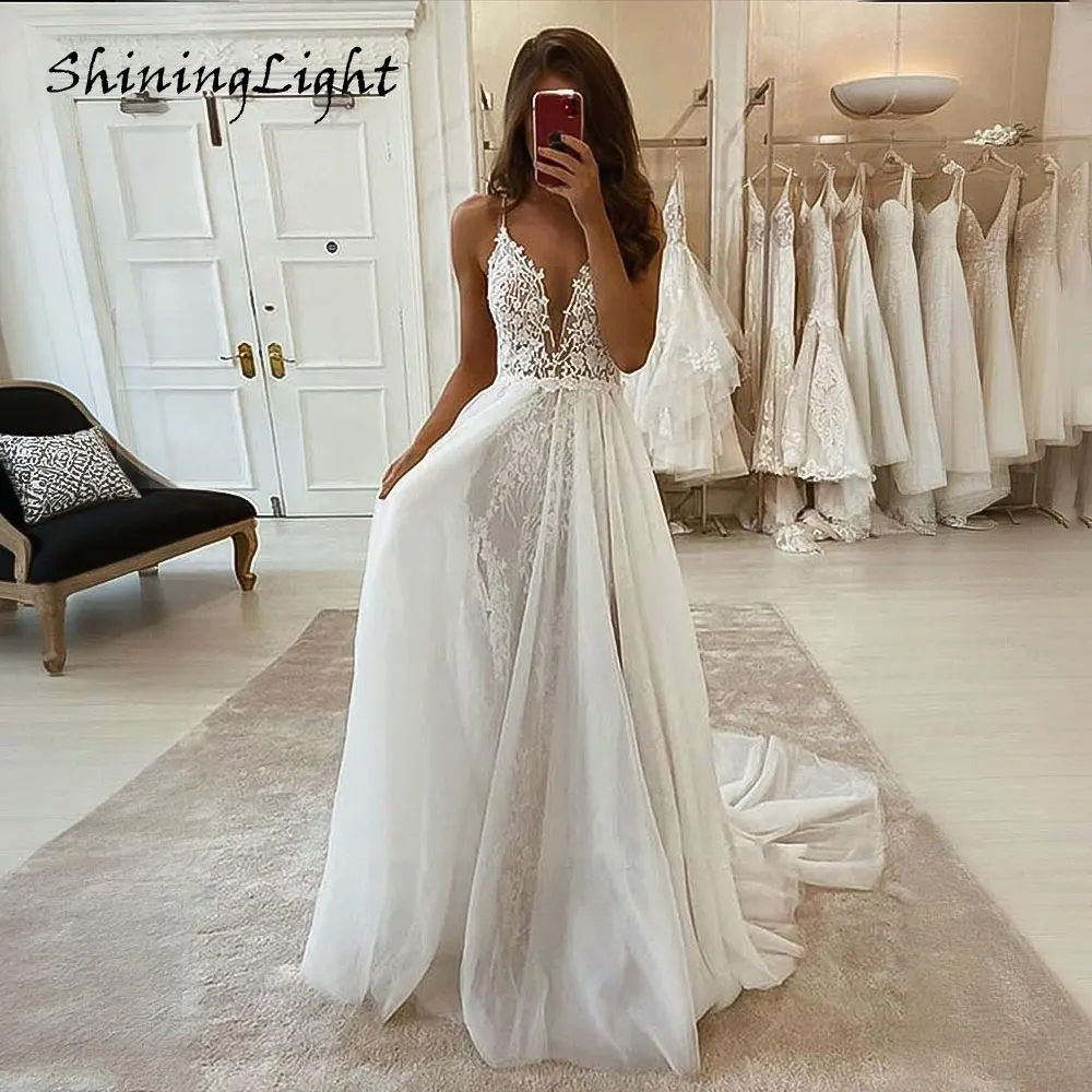 

ShiningLight Sexy Boho Wedding Dress with Slit V-Neck Spaghetti Strap Lace Bridal Dresses Robe De Mariage Sweep Train Customized