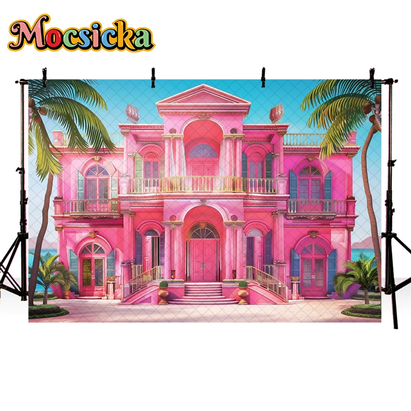 Mocsicka Photography Background Summer Pink Beach House Palm Tree Decor Baby Shower Kids Birthday Portrait Backdrop Photo Studio