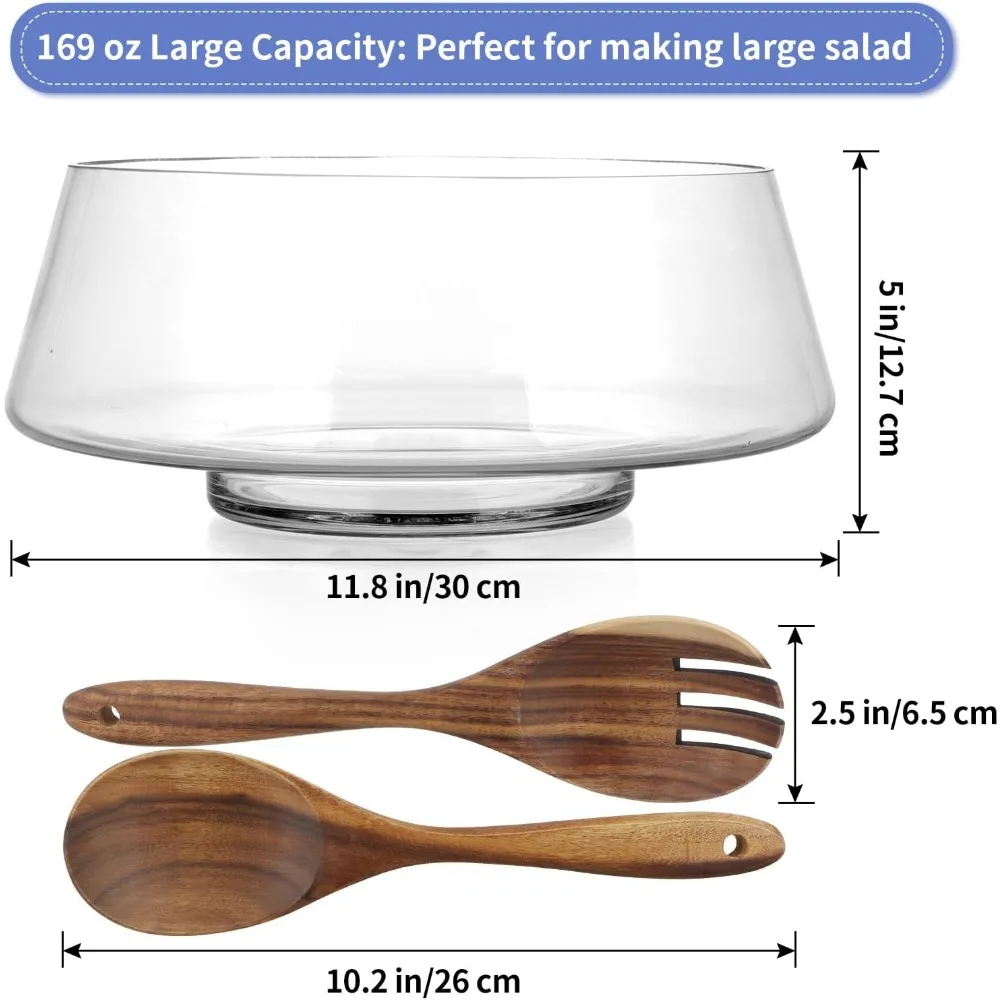 

Большая стеклянная салатница с деревянной посудой, сервировочная миска на 169 унций для вечеринки, элегантная тарелка для фруктовых макарон