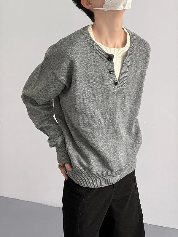 Loose Fit Knitted Sweater Fake Two-Piece Henry Collar Men's Autumn Winter New Sle Casual ey Sweater Korean Sle Faion
