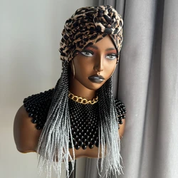 Perruque Synthétique Tressée avec Turban, Boîte Moyenne, Bandeau de Sauna Bordeaux, Chapeau Noir, Extensions de Cheveux, Coiffure Facile