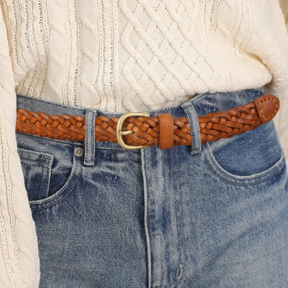 Braided Belt for Women Ladies Pure Color Genuine Leather Alloy Metal Buckle Adjustable Belt for Jeans Dress Accessories Gifts