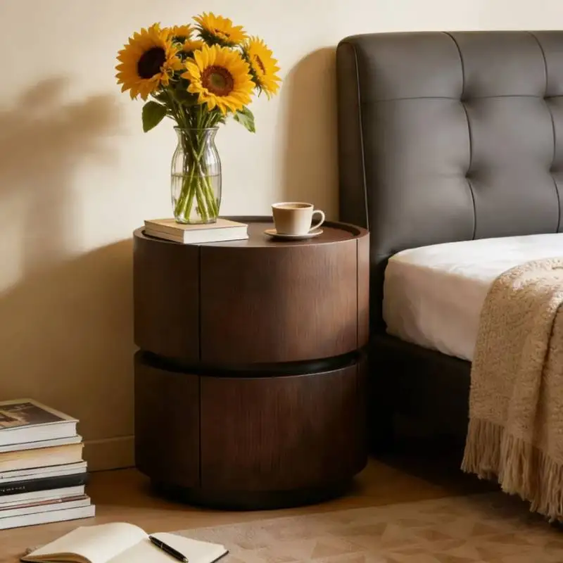 

Round Nature Wood Nightstands Oak Brown Designer Storage Antique Nightstands Bedside Cute Vintage Mesas De Noche Furniture Home