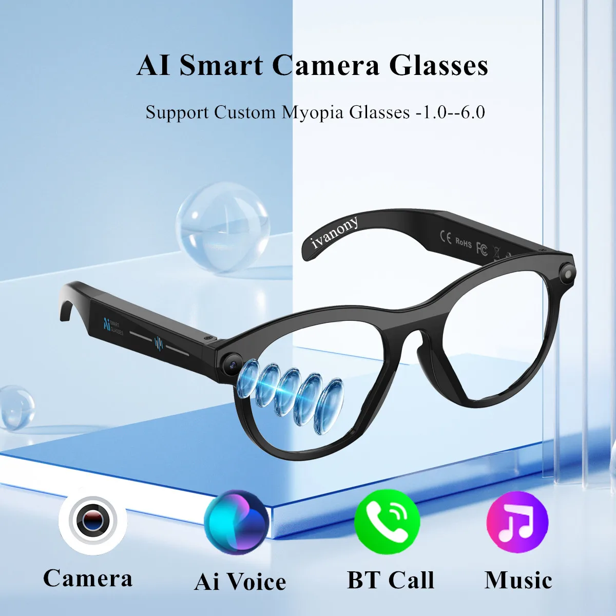 

Smart Camera Glasses Support Prescriptions AI Voice Assistant Video Recording Play Songs Navigation 4GB Memory AI Eyeglasses Man