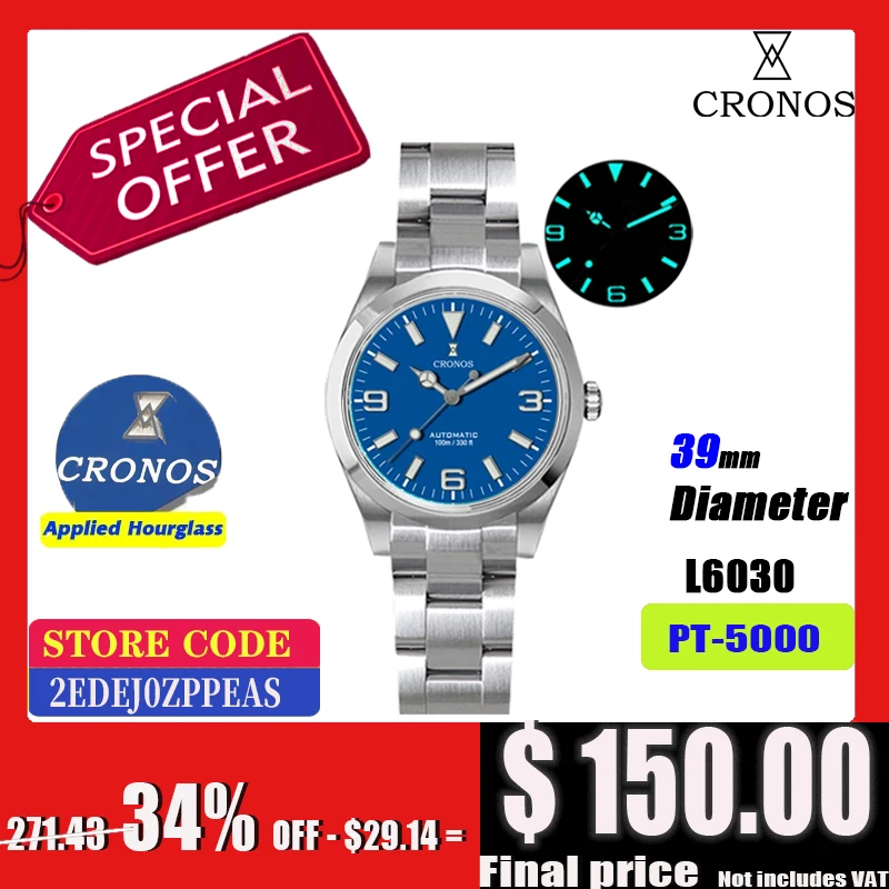 

Cronos EX Diver Mechanical Men Watch NH35 39mm Automatic Sapphire Glass Bushed Bracelet 10ATM L6030M