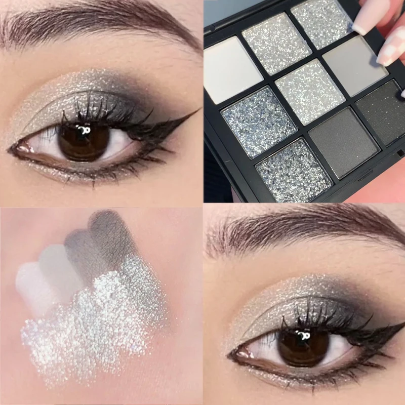 Paleta de sombra de ojos de lentejuelas mate, 9 colores, Smokey, Punk, purpurina, pigmento de ojos gris y negro, maquillaje de ojos nacarados, cosmético