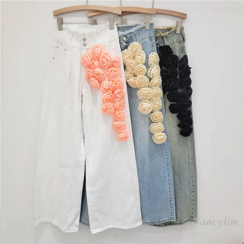 

2024 Autumn New Heavy Industry Three-Dimensional Flower Decoration Loose Slimming High Waist Straight Wide Leg Pants Jeans Women