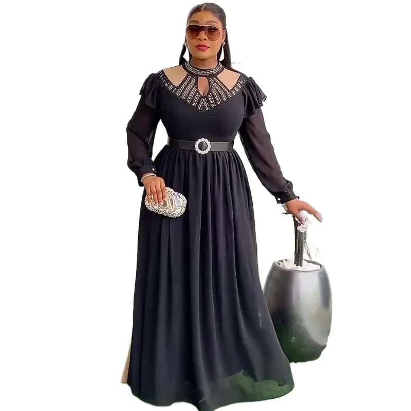 

Long Sleeve Chiffon Dresses For Women Elegant Wedding Party Prom Evening Autumn African Clothing Dubai Kaftans