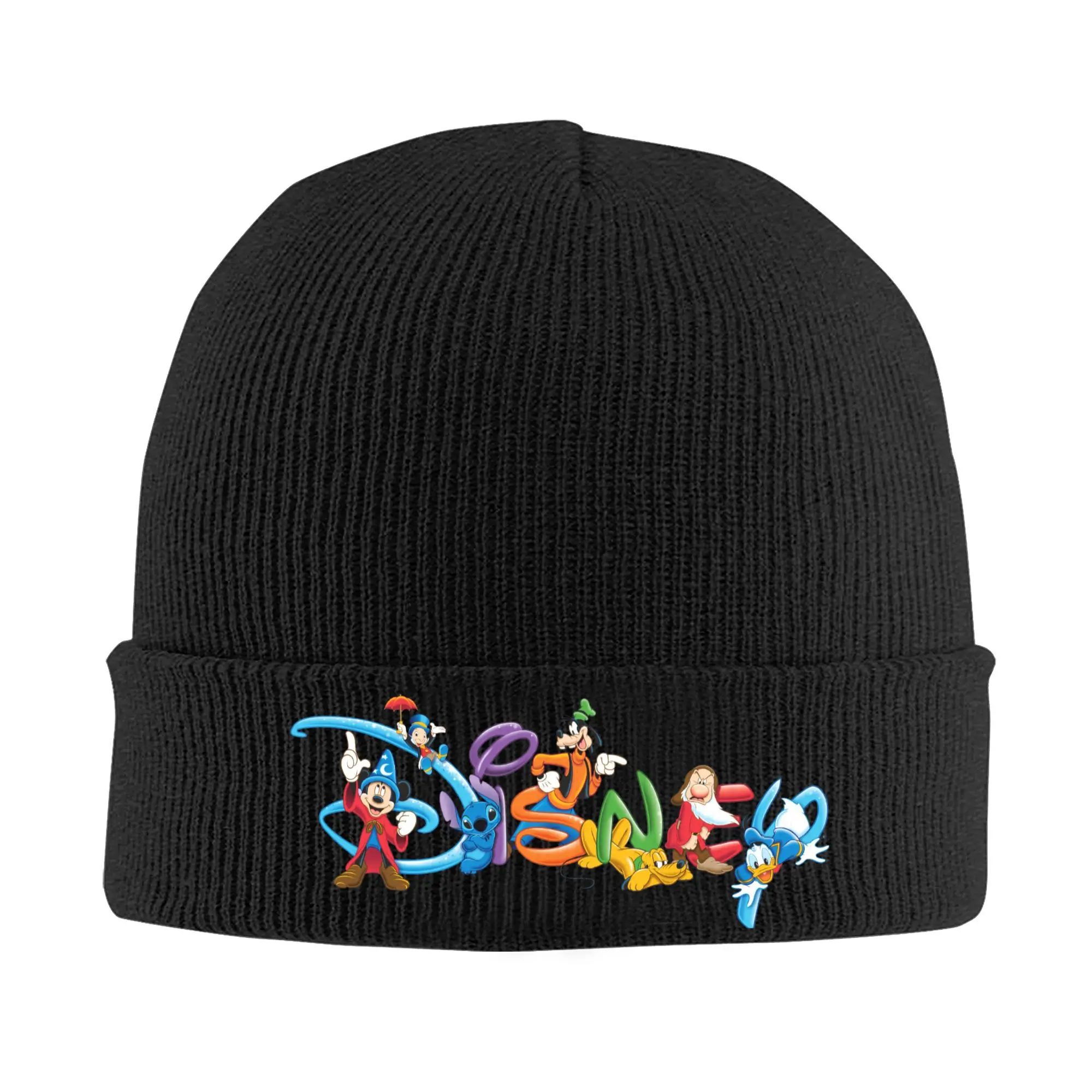 Men Women Knit Cuff Beanie Disney Logo  Mickey and Friends Square Sticker Merch Winter Knitted Caps  Bonnet Hats