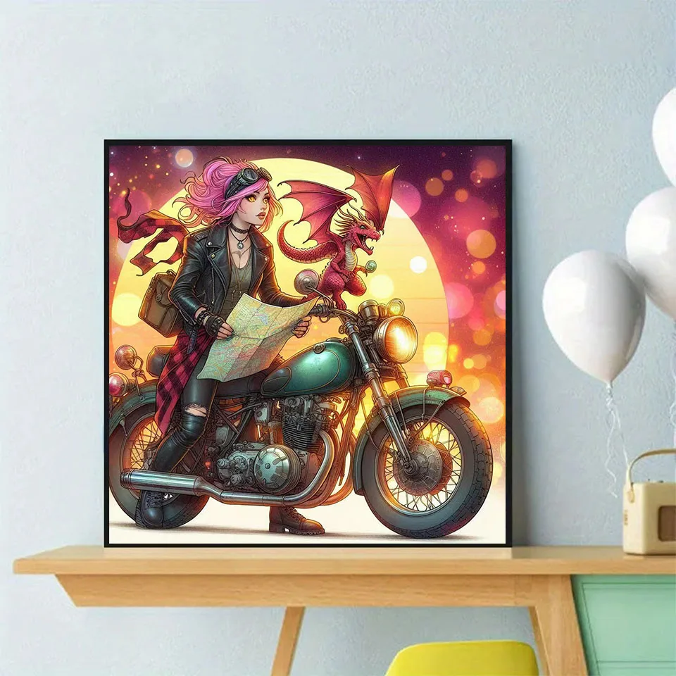 Cool Motorcycle Girl and Dragon 5D DIY Cartoon Diamond Painting Kit Cross Stitch Diamond Embroidery Mosiac Art Children's Gift