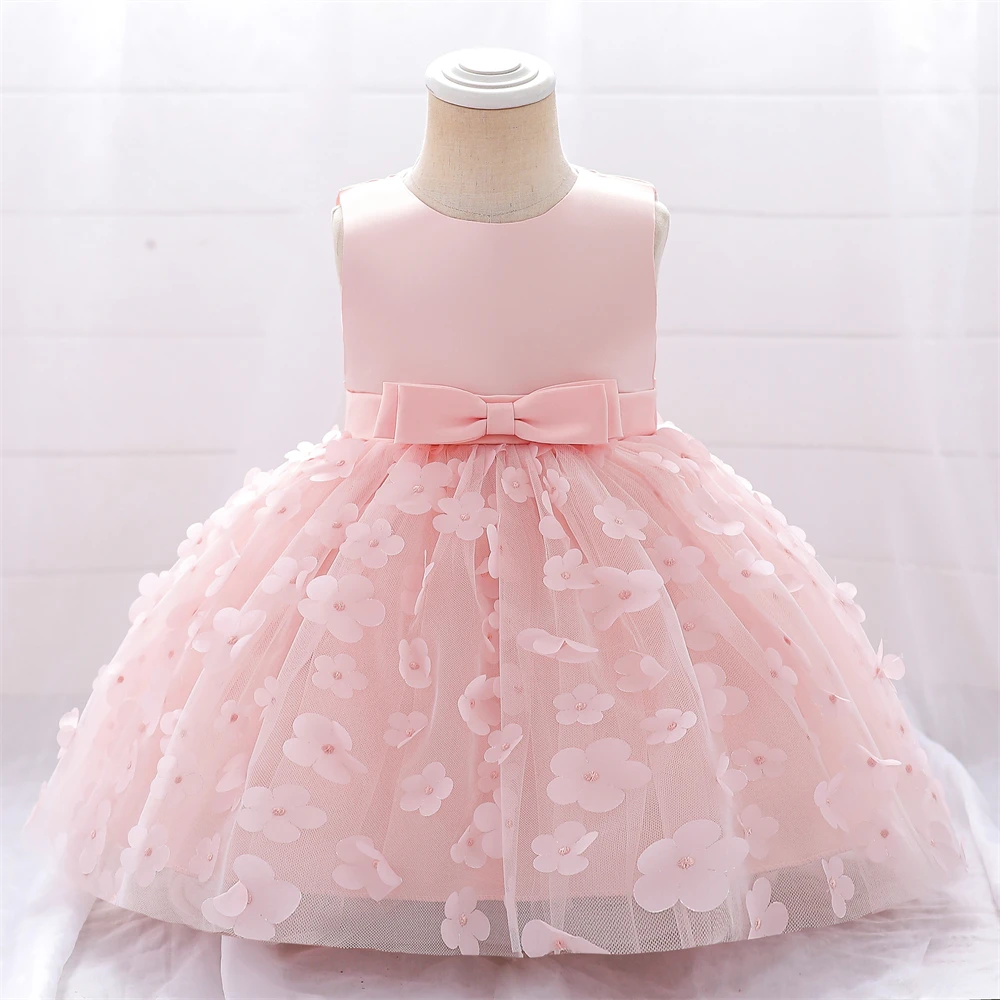 Baby Girls Flower Baptism Dress for Wedding White Bow 1st Birthday Party Princess Girl Dresses Tulle Bridemaids Evening Costumes