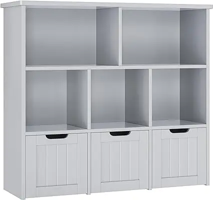 Toy Storage Organizer com 3 gavetas móveis, Piso Armário de armazenamento, Toy Peito com rodas escondidas e 5 Cubbies