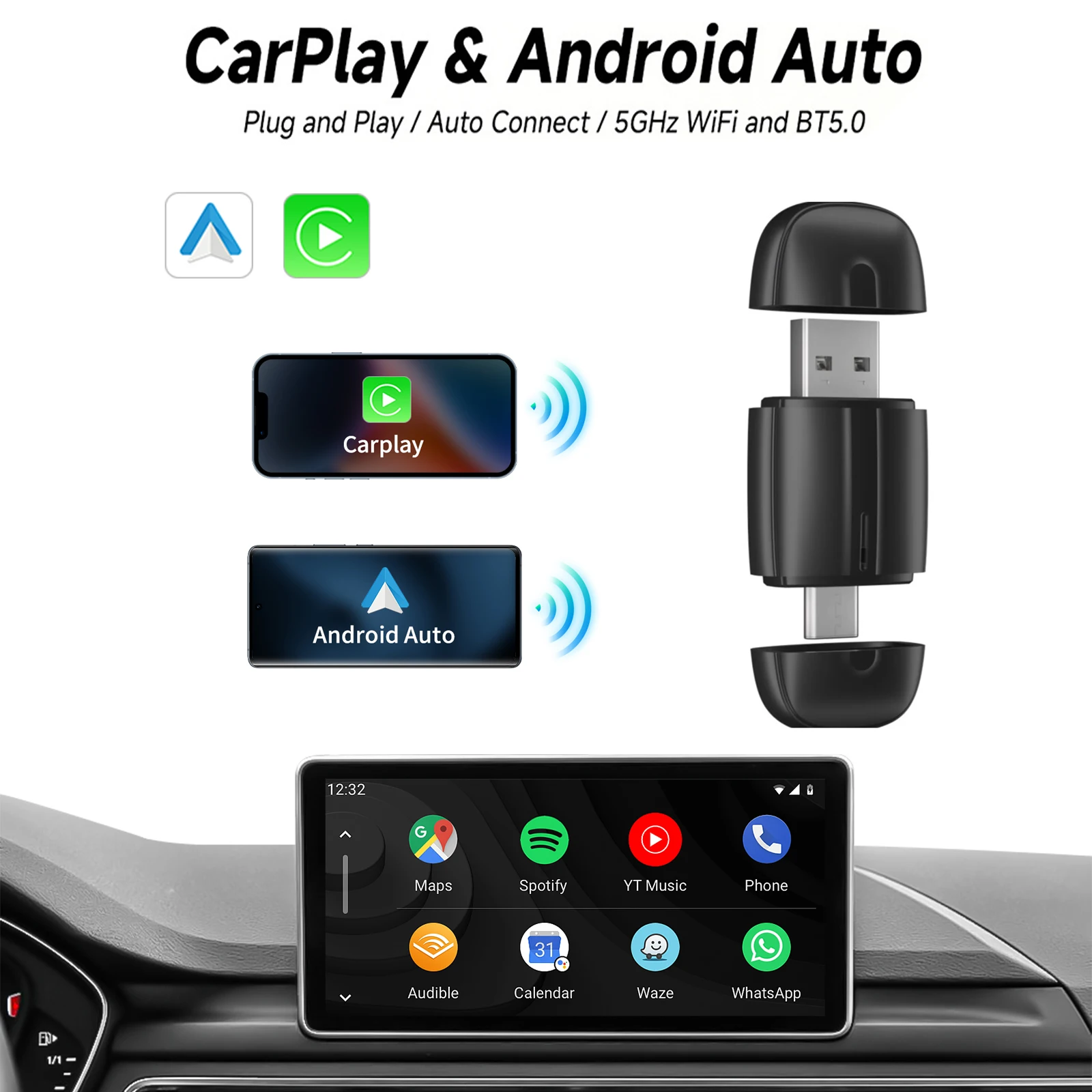 New Two-In-One Wired To Wireless Carplay/android Auto Small Box Dual-Port Usb Type-C Car Interconnection Wireless Adapter