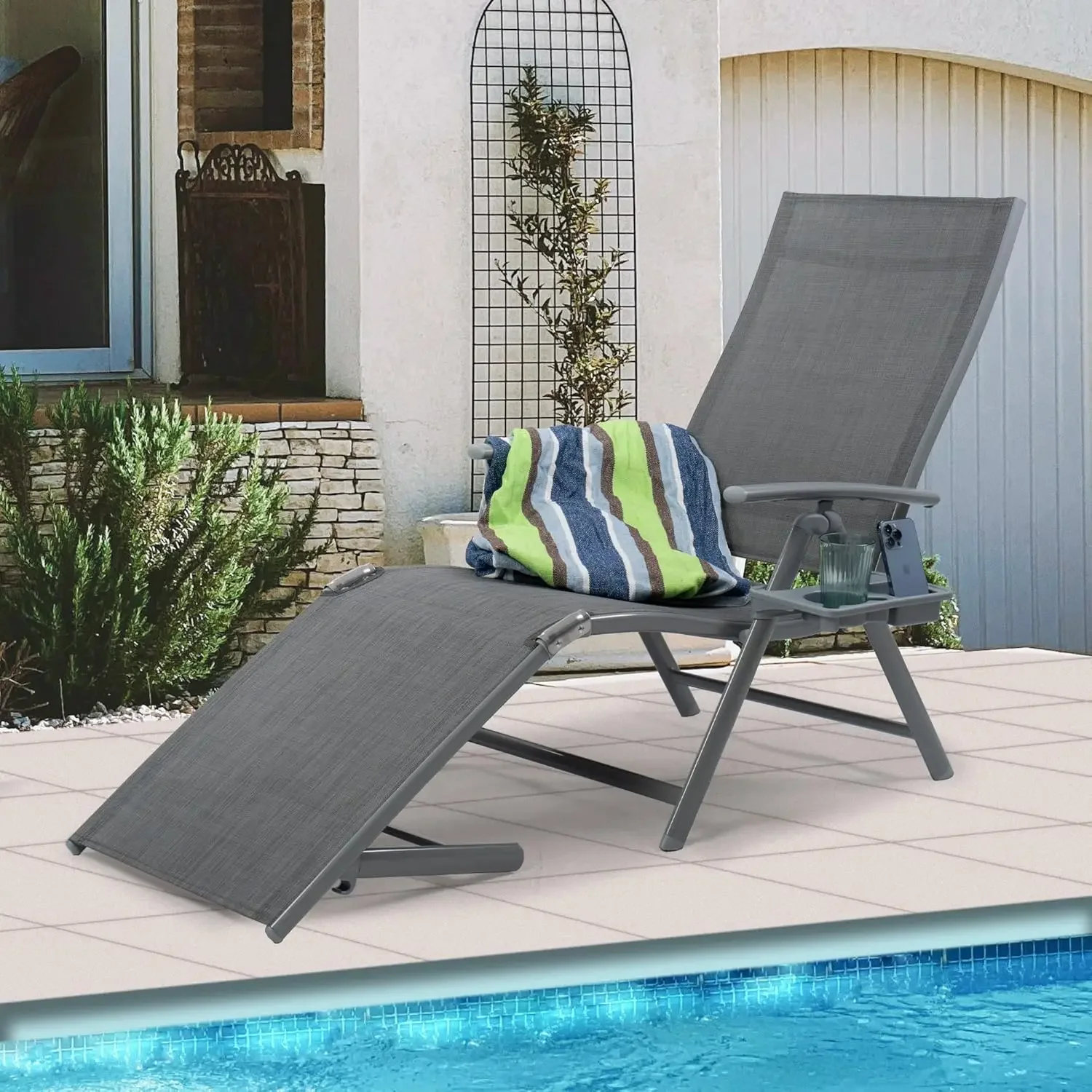 Cozy Aluminum Reclining Lounge Chair - Perfect for Beach, Yard, Pool, Deck, and Patio - Outdoor Chaise Lounge with Drink Holder,