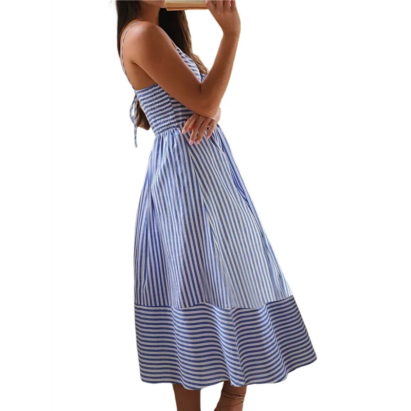 ABP-レディース サマー Vネック マキシドレス ストライプ ホリデー ボヘミアン ビーチ スパゲッティストラップ サンドレス バックタイ