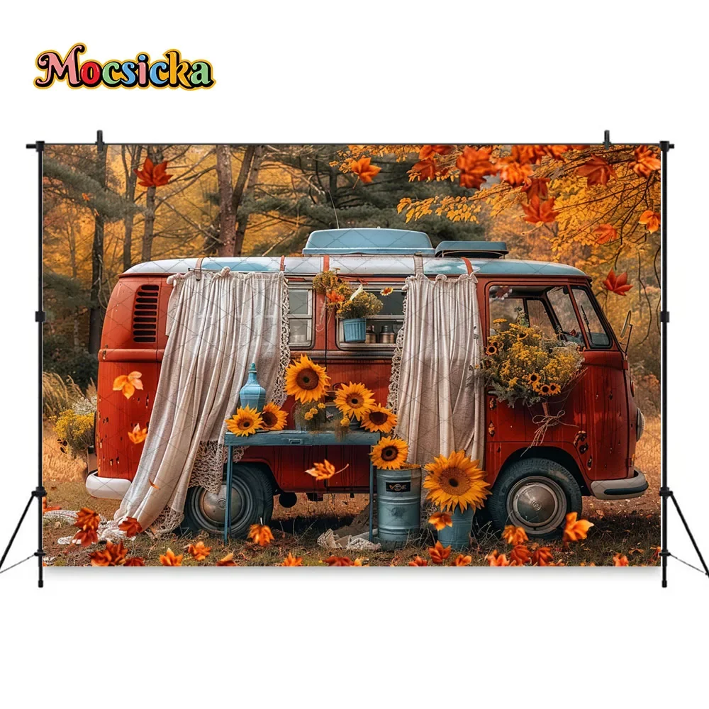 خلفية شاحنة اليقطين الخريفية من Mocsicka للتصوير الفوتوغرافي العائلي، خلفية زهرة عباد الشمس، خلفية الخريف للأطفال، حفلة عيد ميلاد استوديو الصور