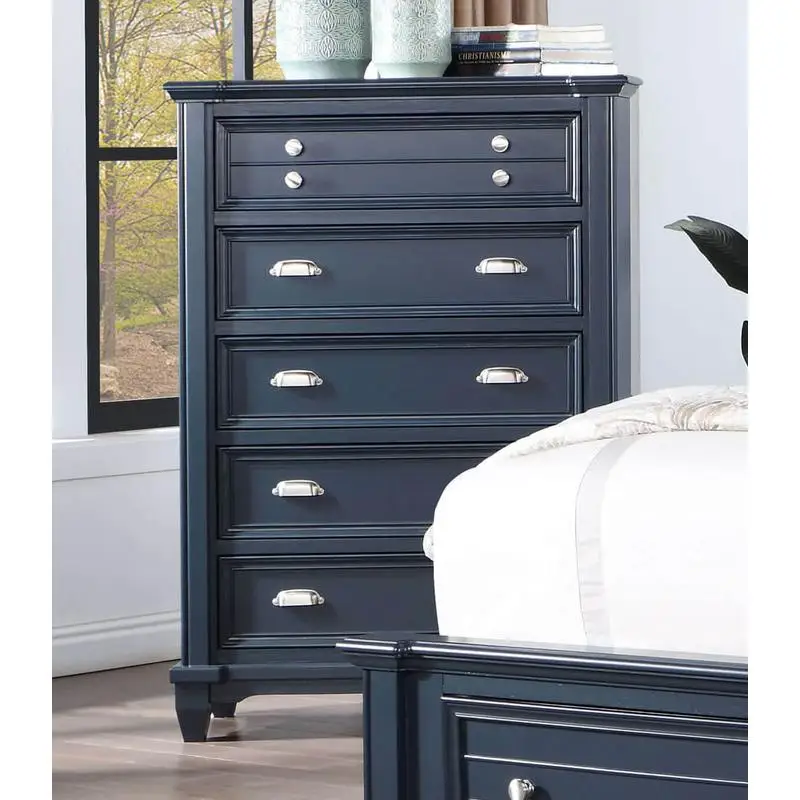 Transitional Style 1pc Chest with Ball Bearing Glides, Nickel Round Knobs and Cup Pulls, Slate Blue Finish for Bedroom