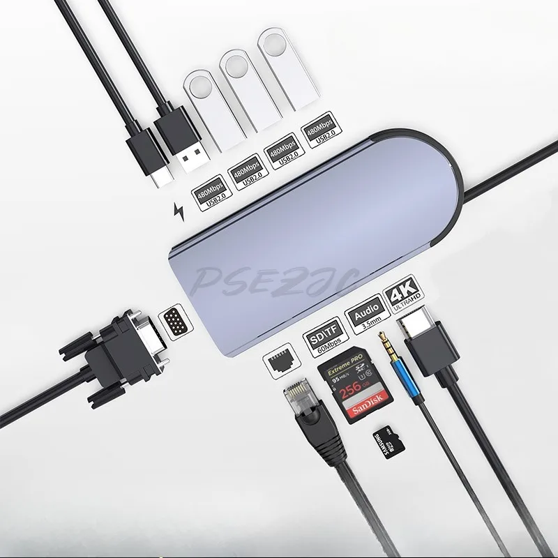 10-in-1 Type-C Hub: USB 3.0, 100Mbps RJ45 Docking Station