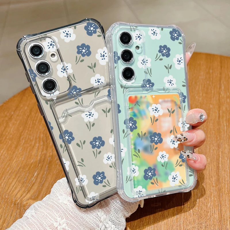 Card Bag Wallet Case For Samsung Galaxy S25 S24 S22 Ultra S23 FE A55 A35 A25 A15 A16 5G A06 Blue White Flowers TPU Phone Cover