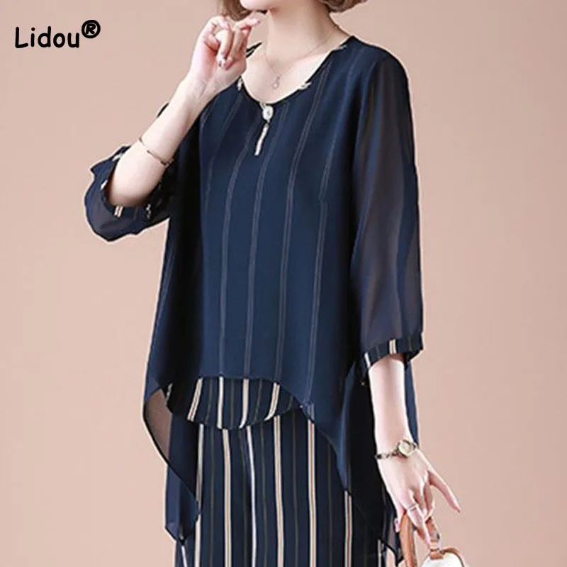 Casual Loose Female Striped Printed Short Sleeve Suit Fashion Beading Spliced Irregular Chiffon T-shirt Summer Women's Clothing