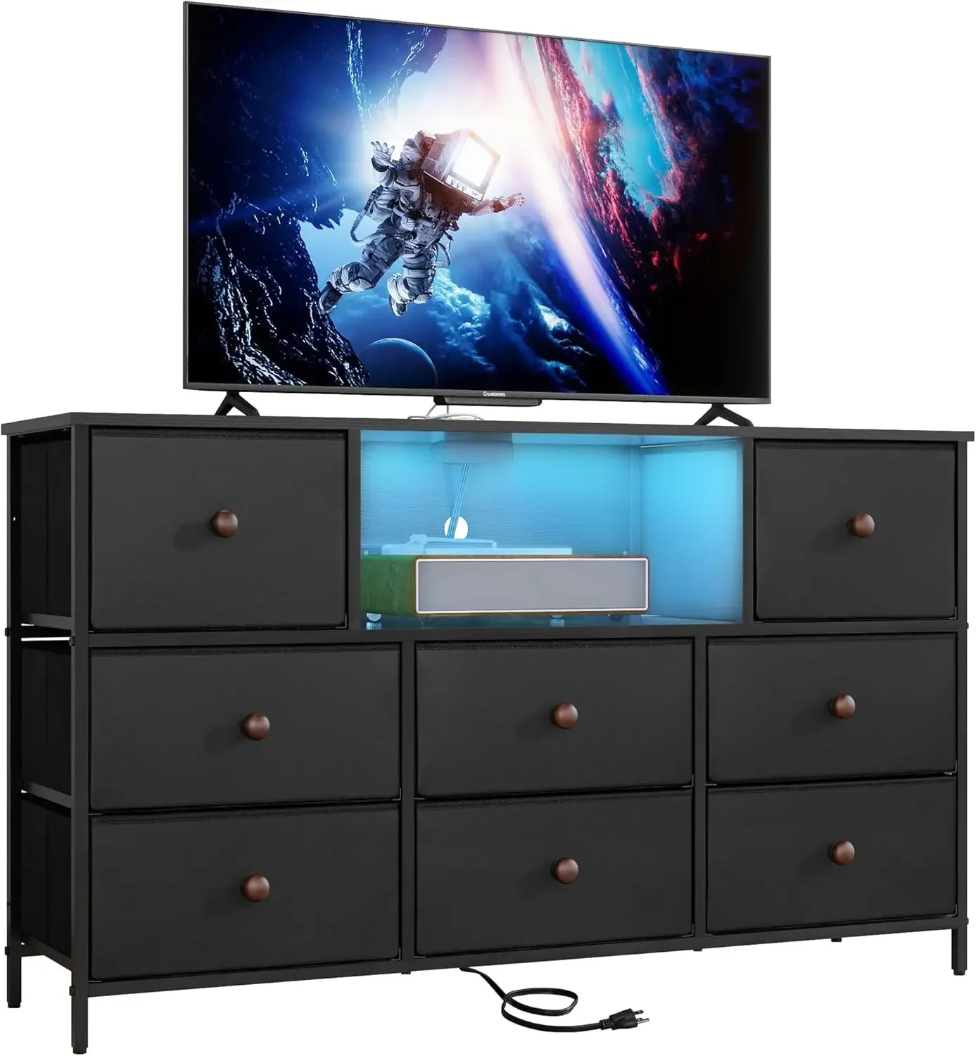 Black Dresser with Power Outlets and LED Lights, 43