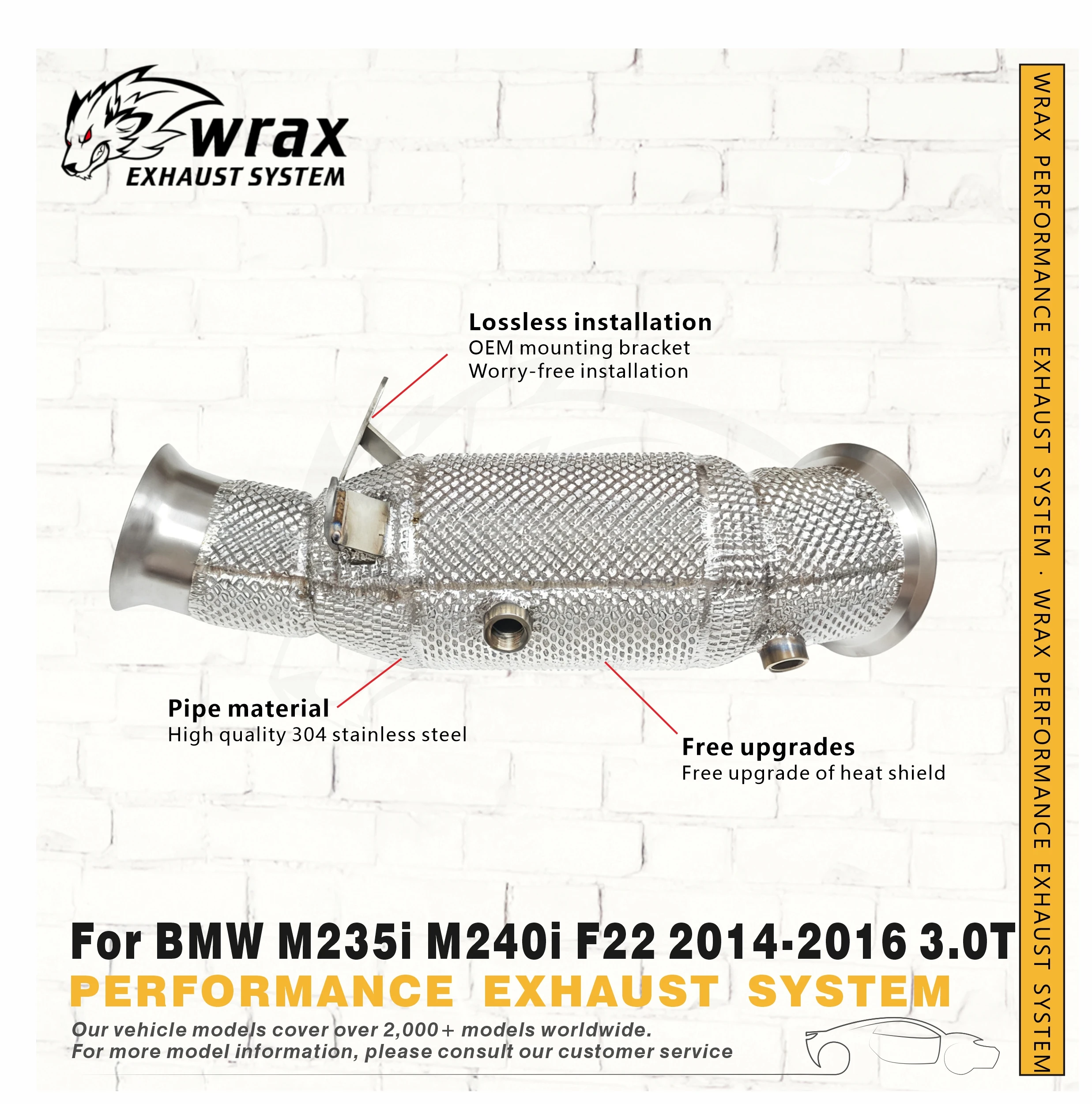 

WRAX High Flow Downpipe for BMW M235i M240i F22 2014-2016 3.0T Free Upgrade of Heat Shield Stainless Steel Exhaust System