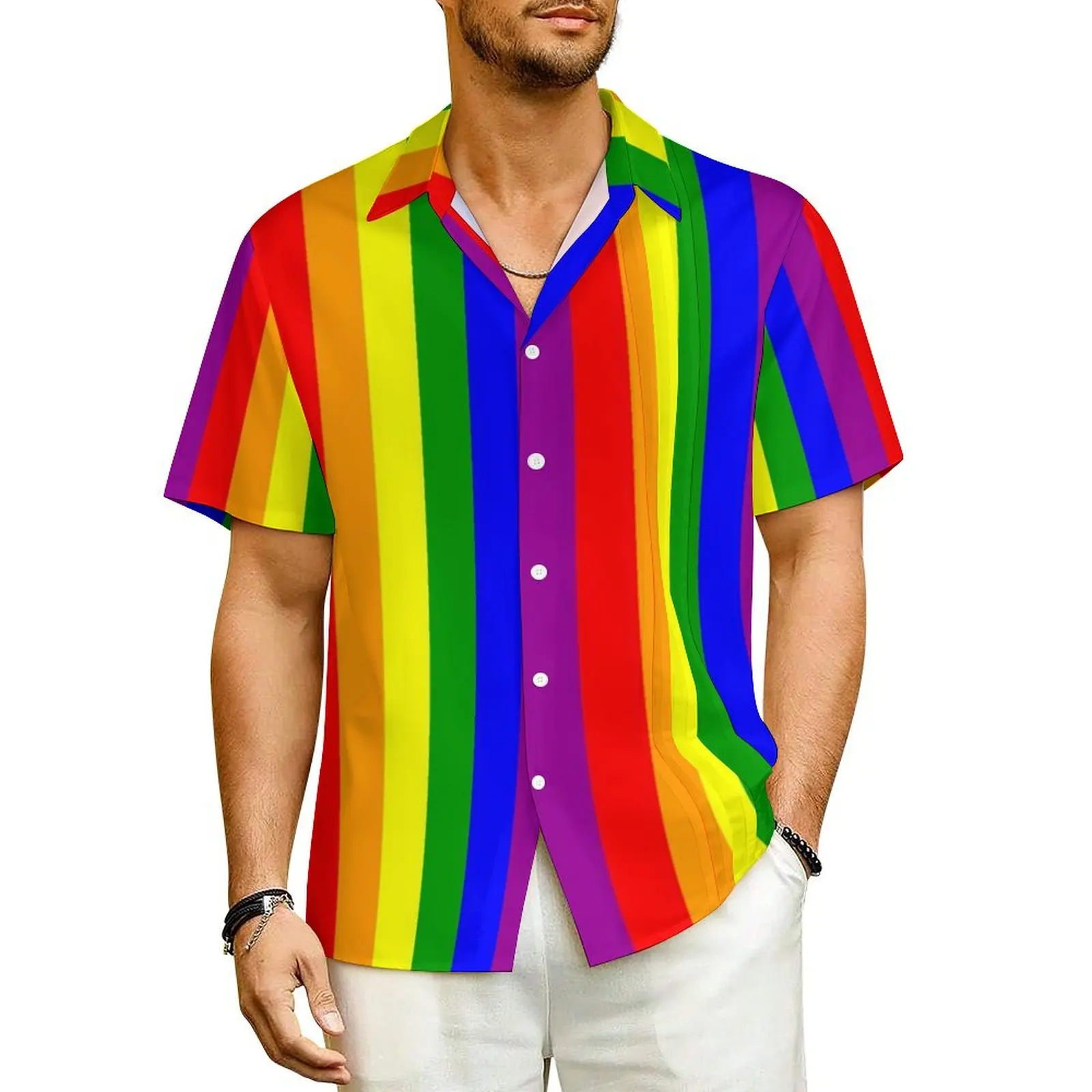 Rainbow Striped Beach Shirt Men Pride Celebration Novelty Casual Shirts Hawaiian Short Sleeve Street Oversized Blouses Gift