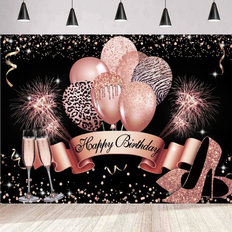 Rose Gold Photography Backdrop Banner Glitter Balloons Pink Sparkle Sequin High Heels Background Wall Women Happy Birthday Party