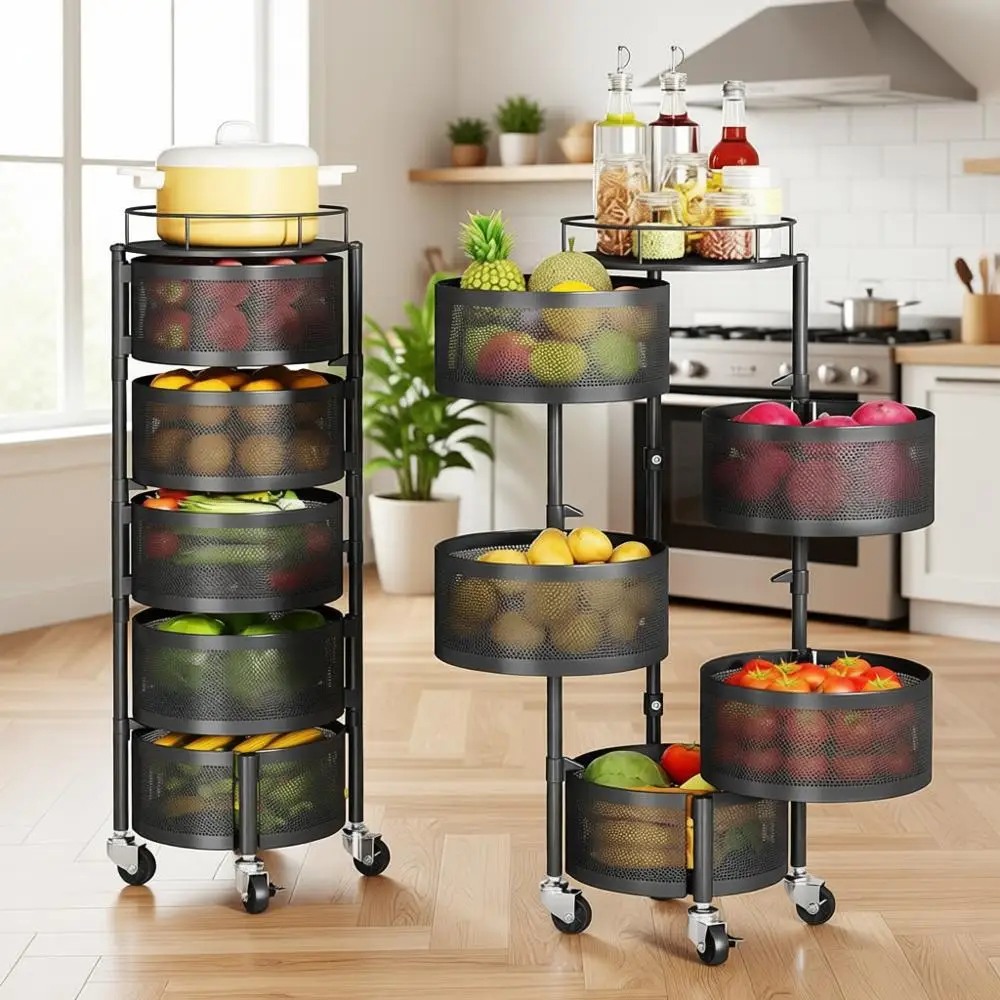 

5-Tier Rotating Kitchen Storage Cart with Lid, Large Metal Wheels, Black