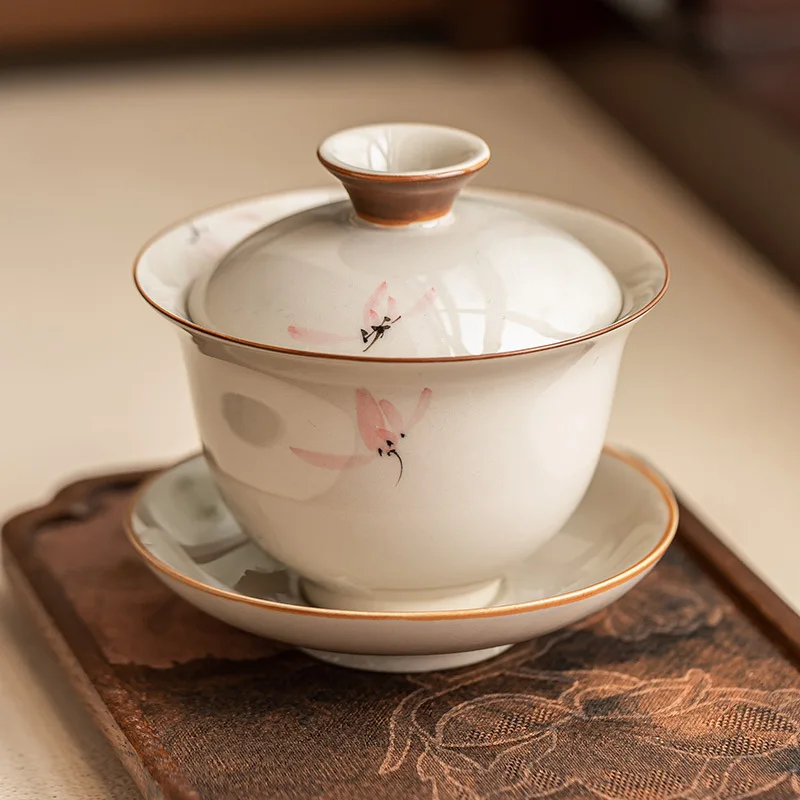 

Hand-painted Orchid Tureen Pink Ladies Gaiwan Chinese Kung Fu Teaware Set Sancai Tea Brewer Bowls Teacup Drinkware Tea Ceremony