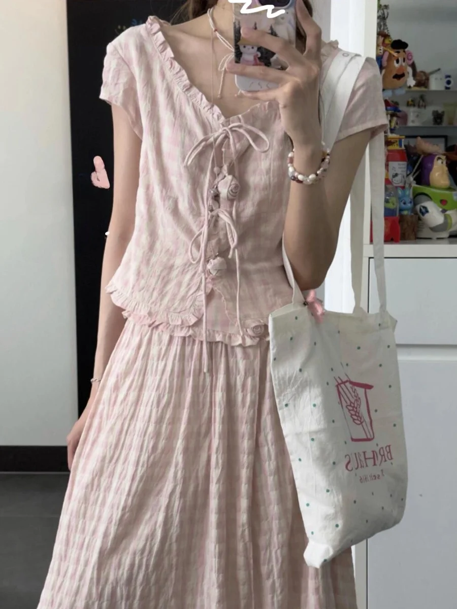 

Розовый комплект из двух предметов Sweet Sle, женская летняя юбка irt f, модный и красивый ансамбль ort Sve круглая пуговица