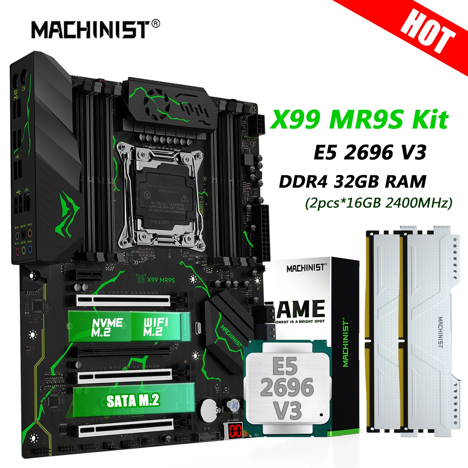 MACHINIST MR9S X99 Motherboard Combo LGA 2011-3 Xeon Kit E5 2696 V3 CPU DDR4 2*16G RAM 2400MHz Memory Four Channel NVME Wifi M.2