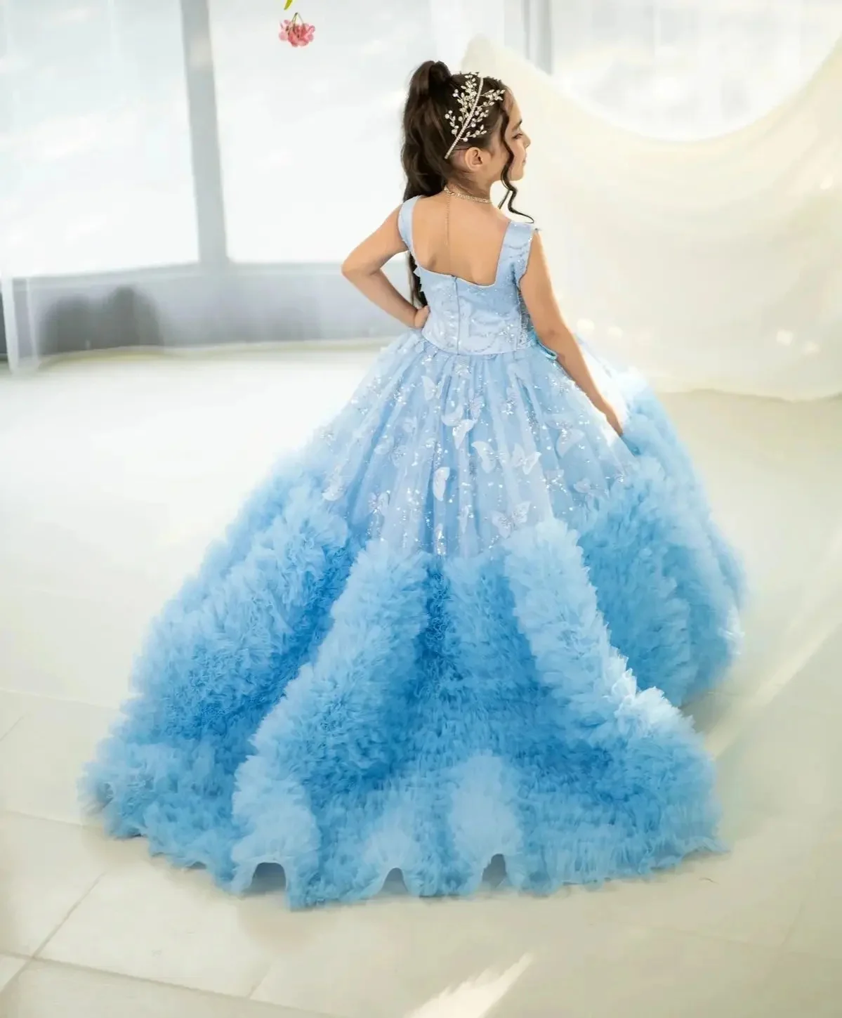 Flower Girl Dress for Wedding Butterfly Appliques Sleeveless Ruffles Tiered First Communion Birthday Party Ball Gown Custom