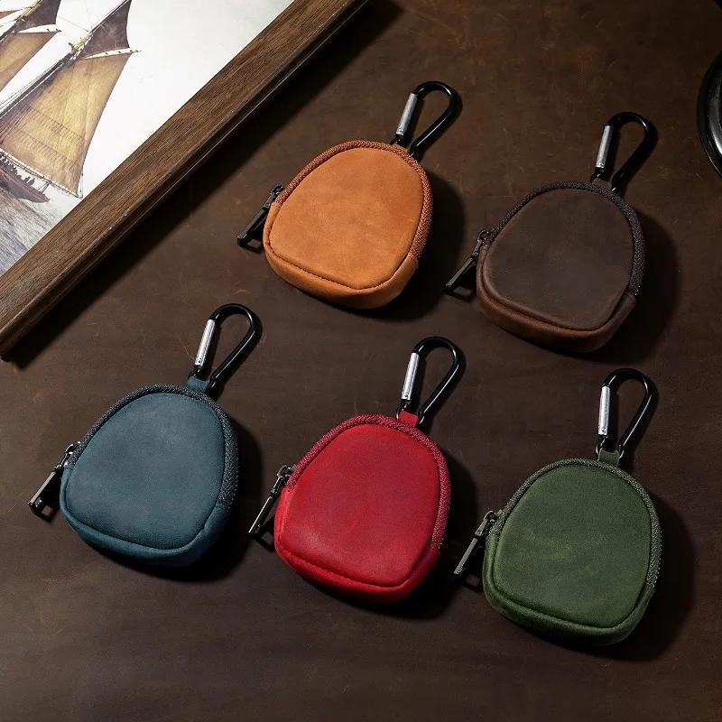 Leather Car Key Fob Cover Pouch, Vintage Crazy Horse Zipper Key Case with Carabiner, Protective Holder for Remote Keys & Coins