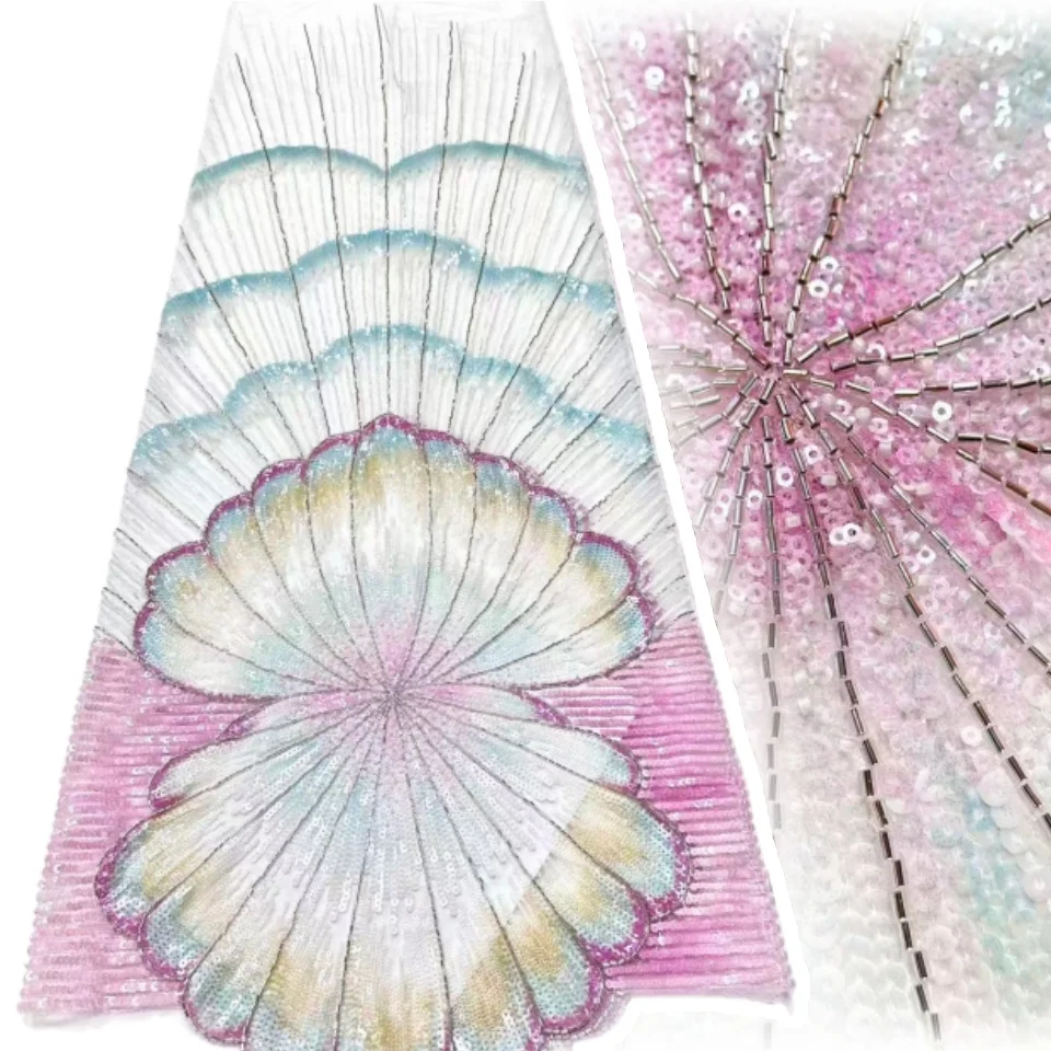 

Pink New Design Fashion European Art Pattern 5Yards French Beaded Sequins Lace Fabric Wedding Banquet Wedding Dresses 2037