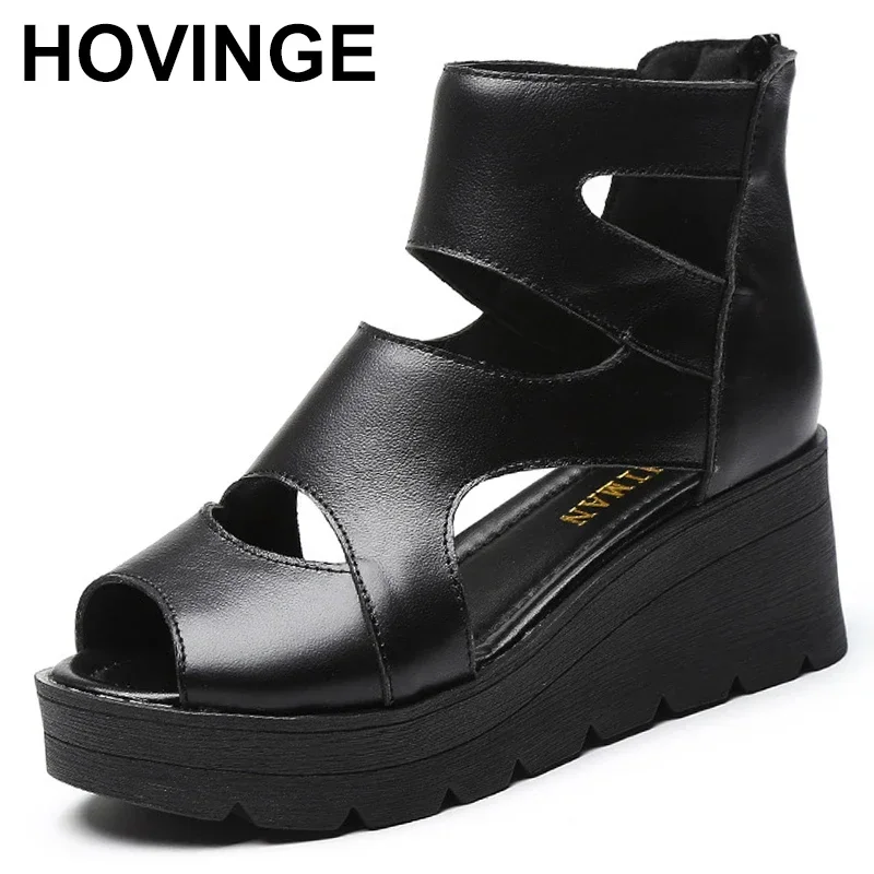 

2025 Summer Fish Mouth Summer Women's Sandals Black Shoes Sweet Genuine Leather Sandals Increase Platform Shoes Wedges Sandals