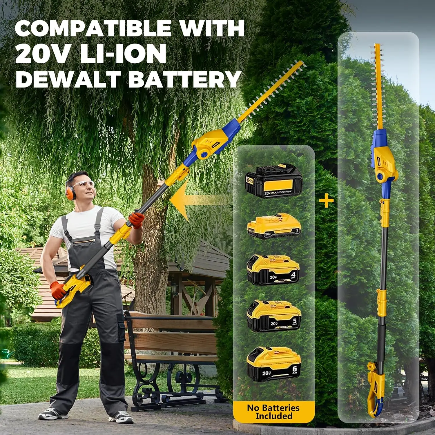 Battery-Powered Pole Hedge Trimmer with 16-Inch Dual-Action Blades, 8-Ft Reach, Extension Pole, Tool Only, Compatible with 20V Batteries
