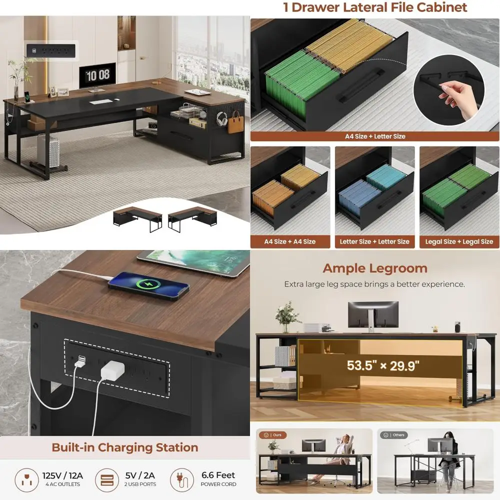 

Просторный L-образный угловой стол с достаточным хранилищем и встроенными розетками для руководителей