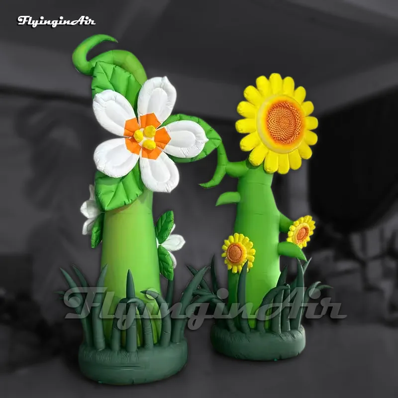 Fantastic Large Yellow Inflatable Sunflower Flower Tree Jungle Plant Model With Green Grasses For Party Decoration