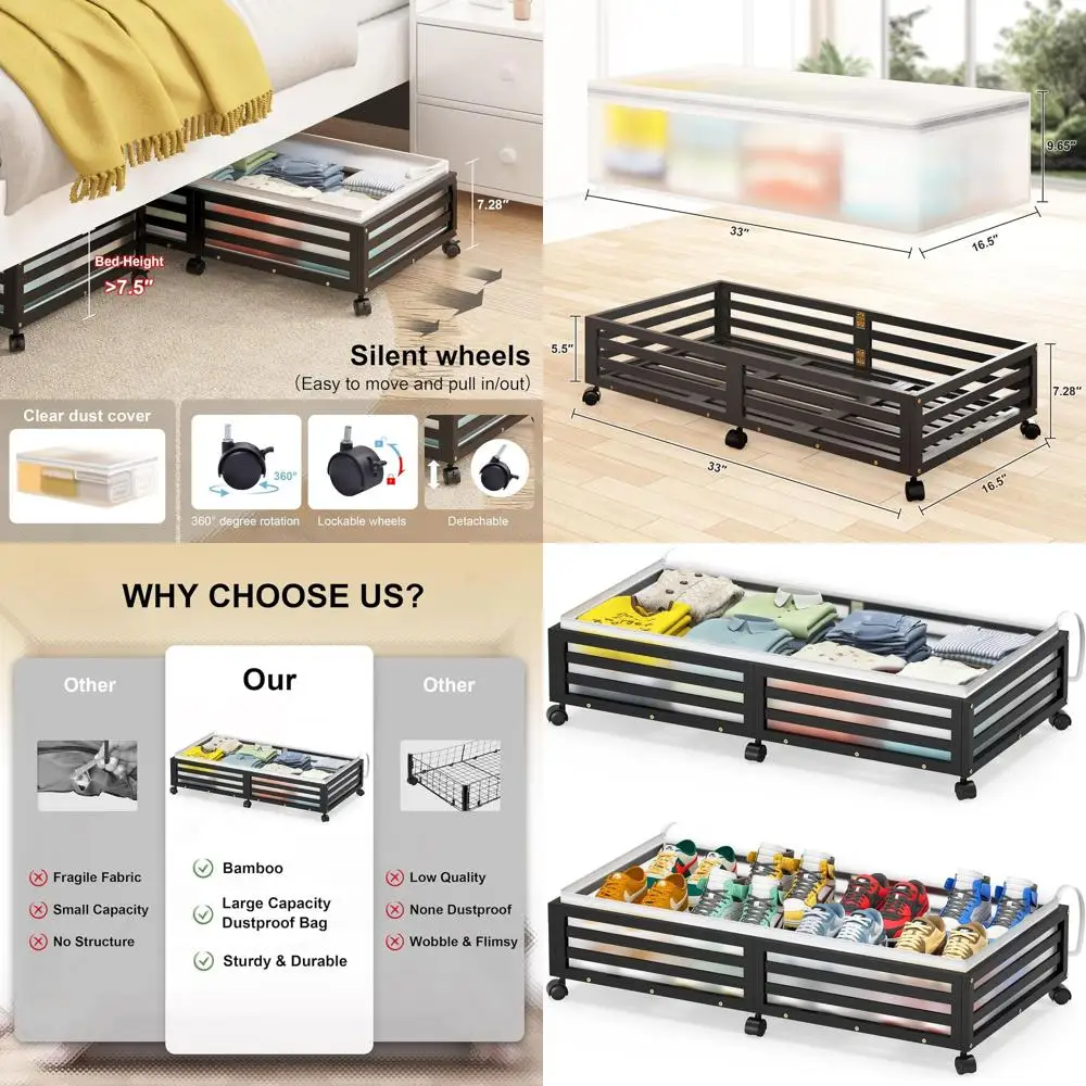 Duże bambusowe pojemniki do przechowywania pod łóżko z kółkami - pojemniki do układania w stosy na buty, ubrania i pościel (2 sztuki, czarne, 33,07 l x
