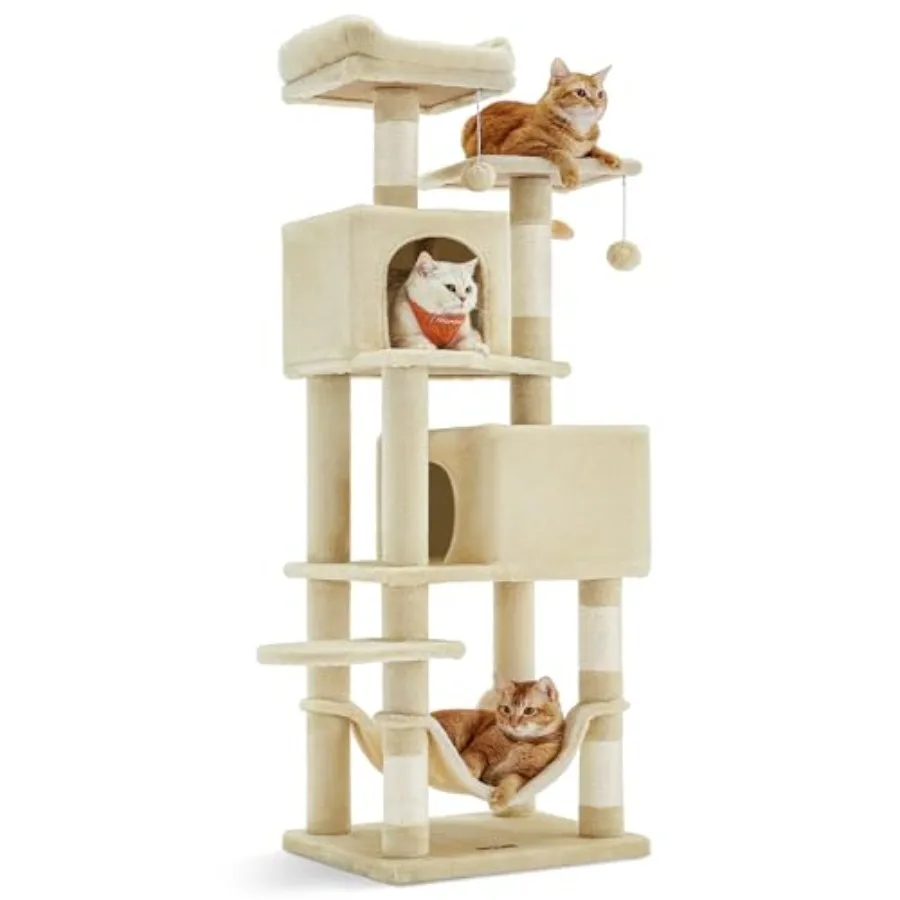 

59.5-Inch Tall Cat Tree with Plush Multi-Level Design Beige 5 Scratching Posts 2 Perches 2 Caves Hammock 2 Pompoms Ideal for In