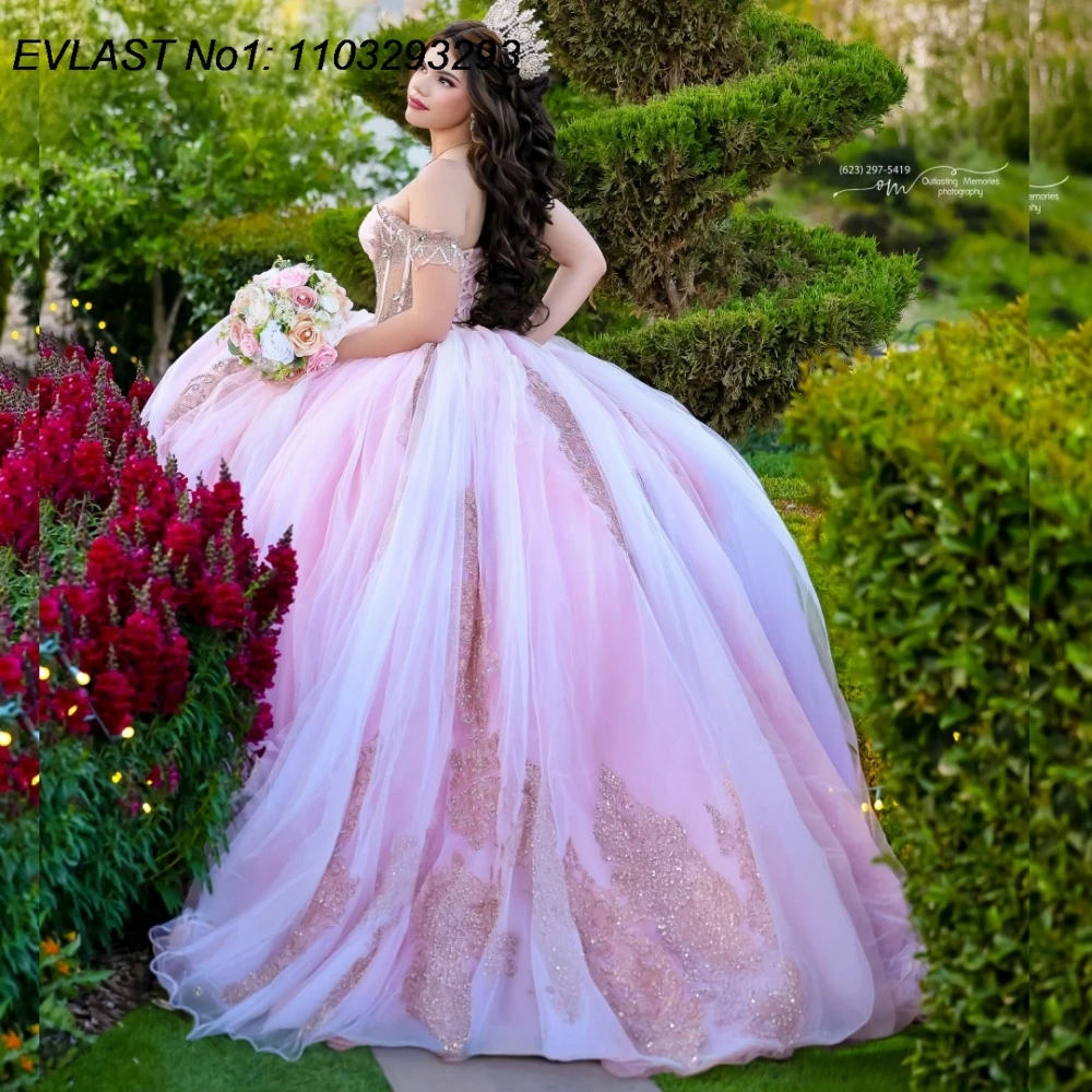 

EVLAST Customized Shiny Pink Quinceanera Dress Ball Gown Gold Lace Applique Crystal Beaded Sweet 16 Vestidos De 15 Anos E1QN582