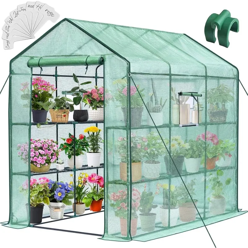 Greenhouse, 57 x 85 x 76'' Greenhouses for Outdoors, Portable Greenhouse Kit with Mesh Side Windows, PE Cover, 8 Shelve