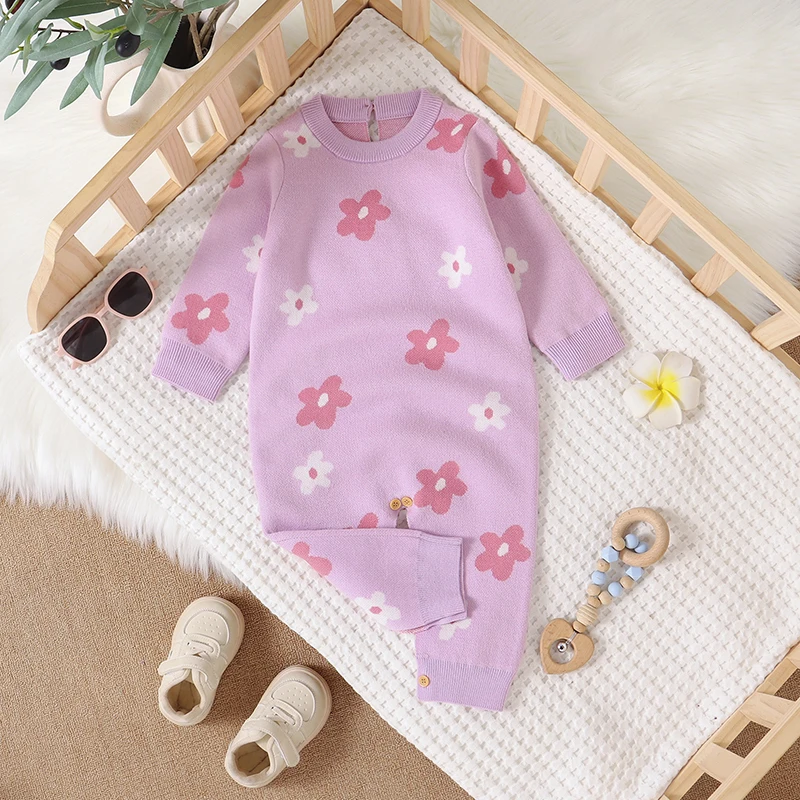 Purple Baby Girls Rompers Floral Knit Newborn Crew Neck Long Sleeve Jumpsuits One Piece Infant & Toddler Playsuits 0-18m Clothes