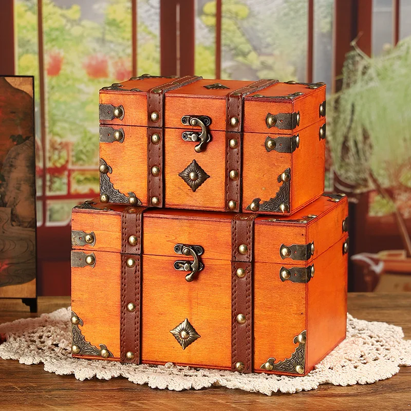 Retro Style Wooden Storage Box Jewelry Wooden Box Dustproof Prop Box Decorative Storage with Password Lock Treasure Chest