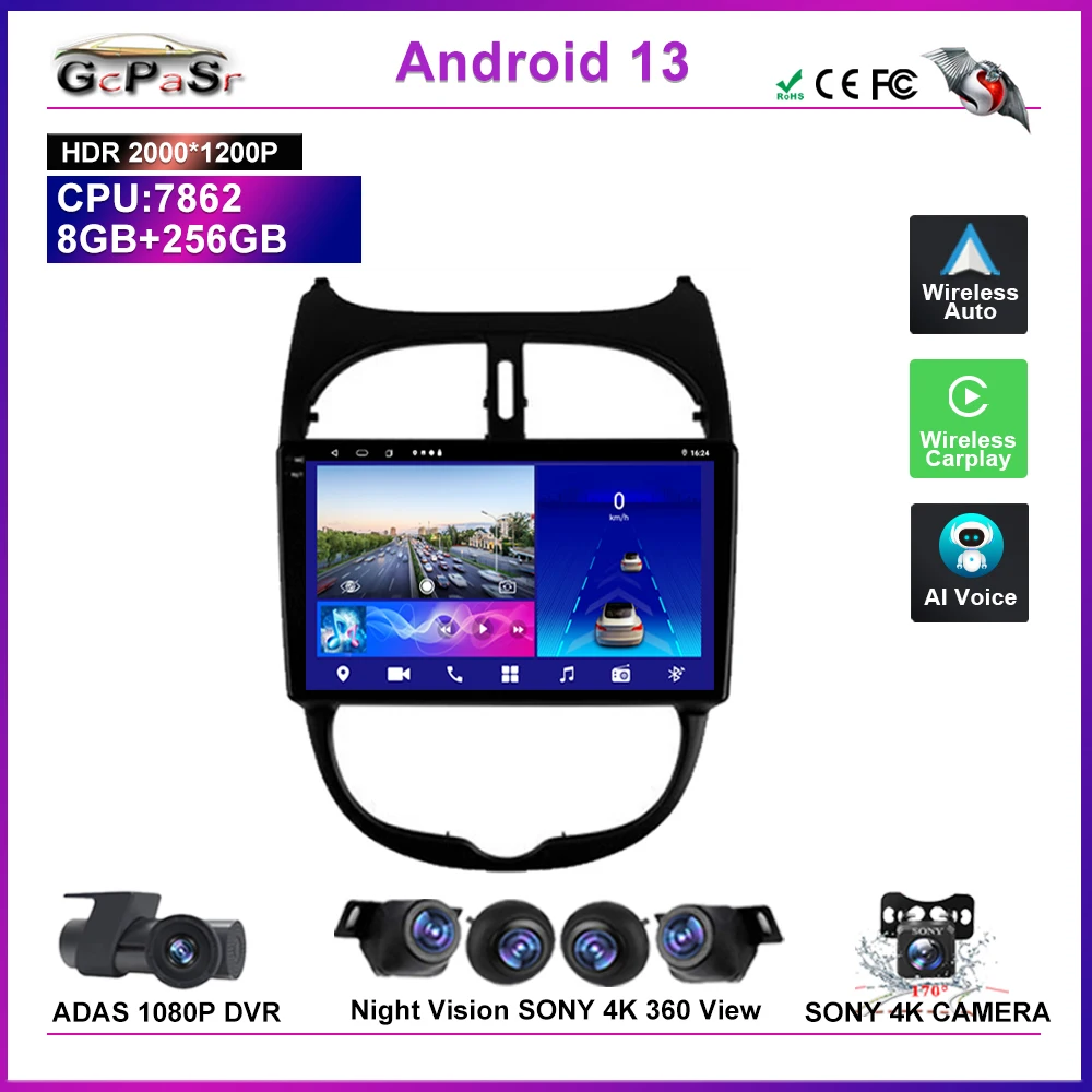 

Car Android 13 For Peugeot 206 1998 - 2012 Auto Radio Multimedia Video Player Navigation Stereo GPS NO 2Din DVD QLED IPS Screen